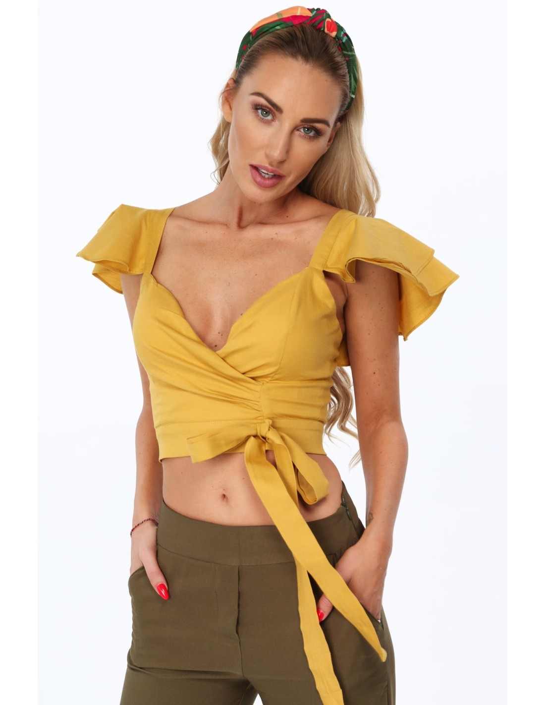 Mustard blouse with ruffles on the shoulders 97300 - Online store - Boutique